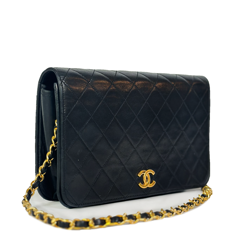 CHANEL Full Flap Chain Shoulder Bag Clutch Black Quilted Lambskin